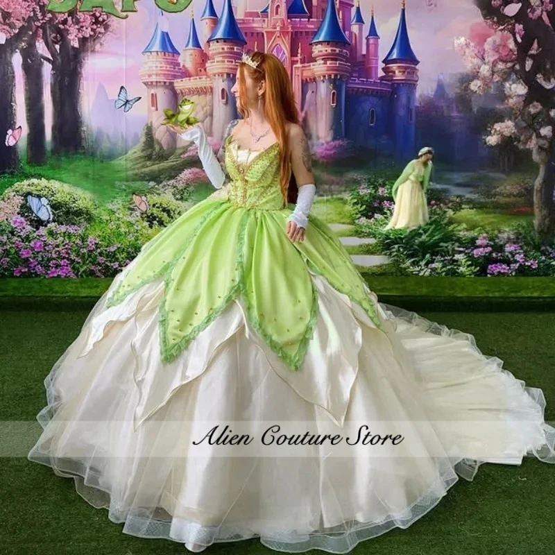 Customized Mint Green Quinceanera Dresses Off the Shoulder crystal layering Long tail Vestido De 15 Quinceanera