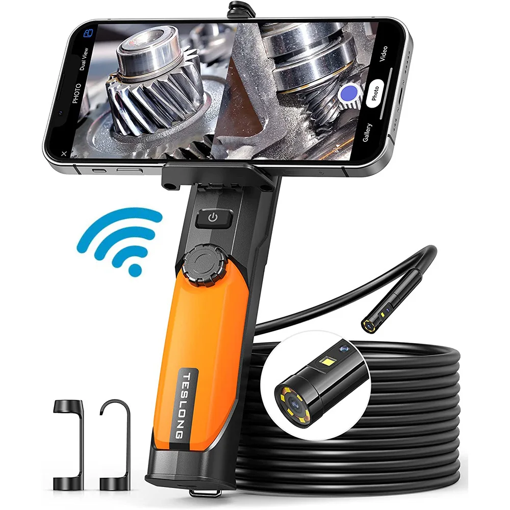 Teslong 8mm Dual Lens Wireless Handheld Endoscope Camera 2.0 MP HD WIFI Borescope for IOS＆Android 6 Leds Split Screen 2000mAh