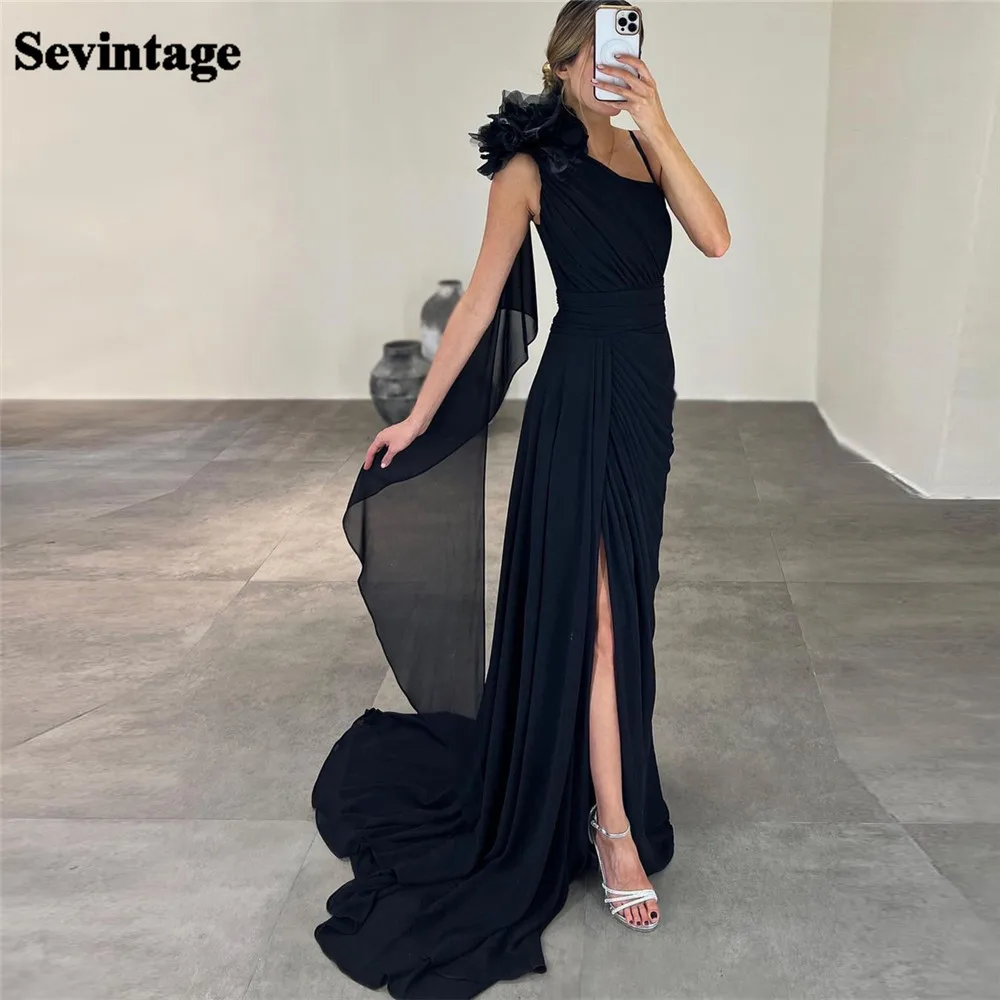 

Sevintage Vintage Black Arabia Prom Dresses Mermaid One Shoulder Wuth Flowers Ruched Party Growns 2024 فساتين للحفلات الراقصة