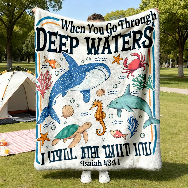 Christian When You Go Through Deep Waters Flannel Blanket, Isaiah 43 2 Bible Verse Flannel Throw, Ocean Faith Cozy