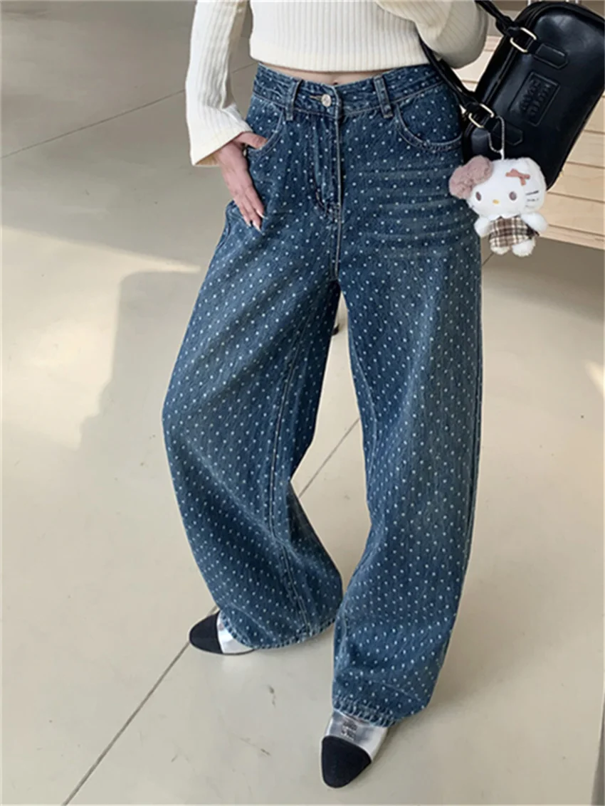 Alien Kitty Fashion Spring New Jeans Pants Mopping Women Polka Dots 2024 Chic Wide Leg Straight Loose Daily Streetwear Denim