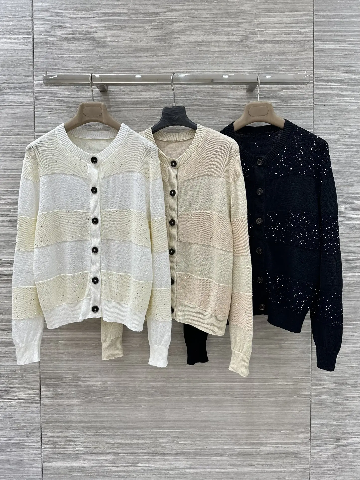

Women Sequin Striped Knitted Cardigan Round Neck Single Breasted Long Sleeve Casual Fashion 100% Linen Sweater