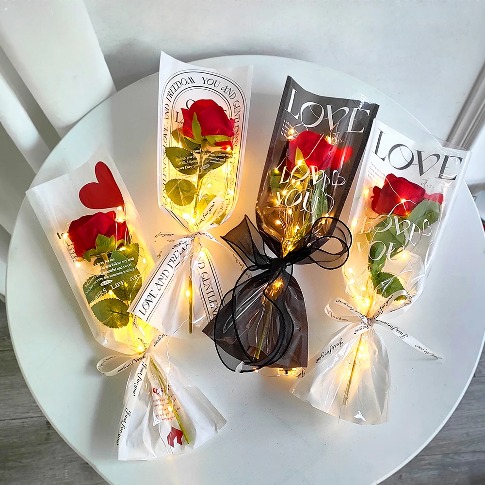 50pcs Single Rose Sleeves Flower Wrapping Bag Bouquet Packaging Bag Clear Cellophane Floral Wrappers Valentine's Day Party Decor