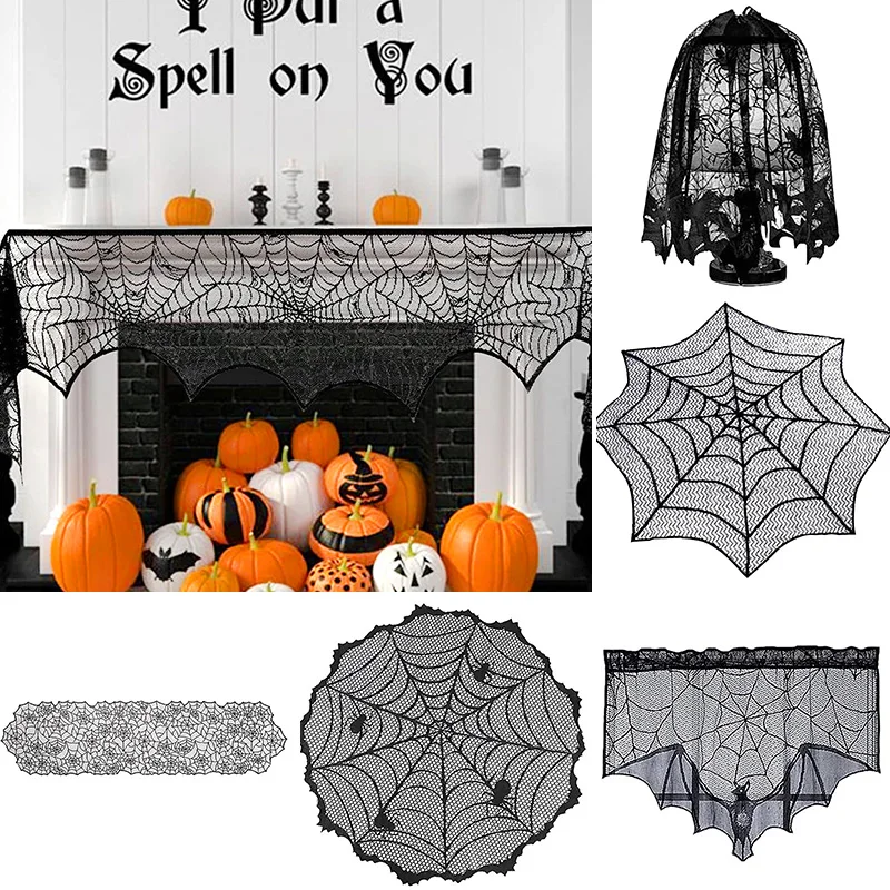 Halloween Tablecloth Creative Table Runner Black Lace Spider Web Fireplace Mantel Scarf Party Supplies Decoration