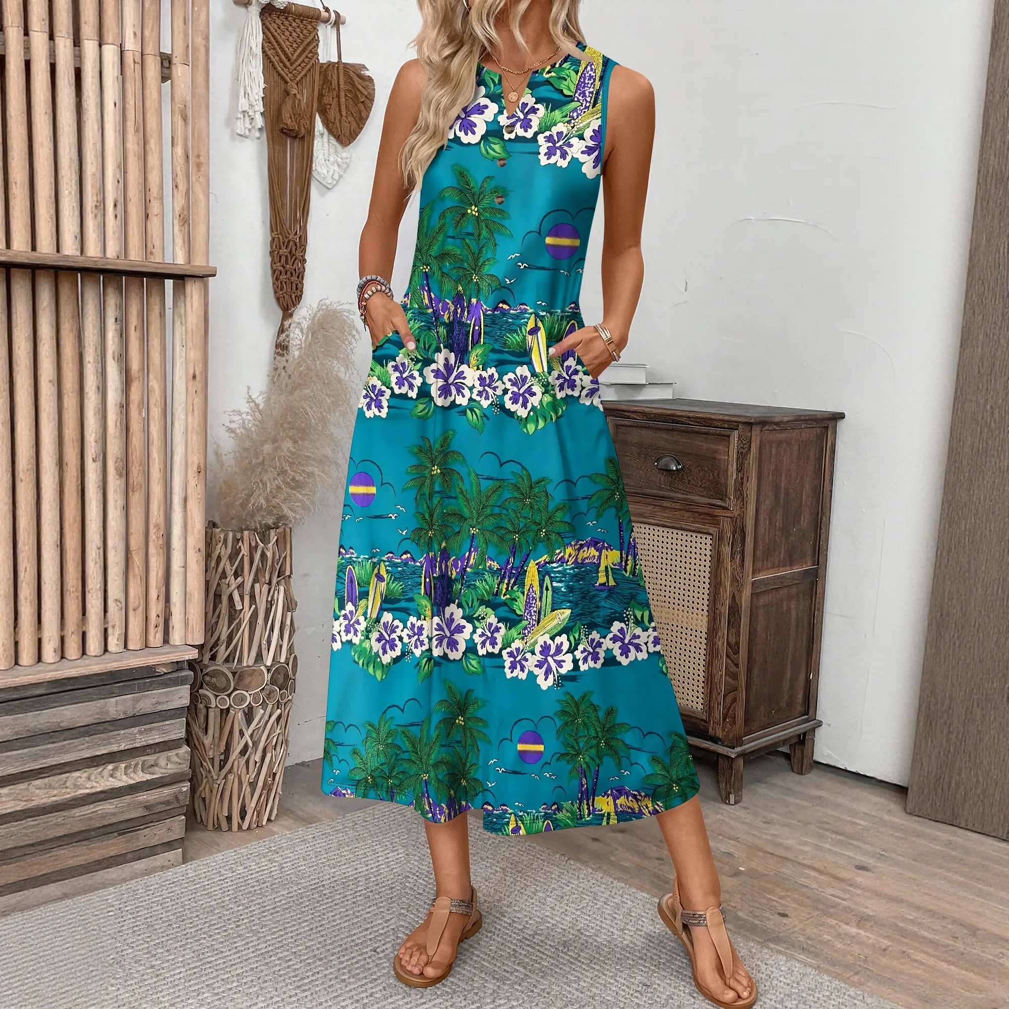 Abito lungo da donna con stampa di scene tropicali blu Nupusa, taglia regolare, casual, senza maniche, con tasche