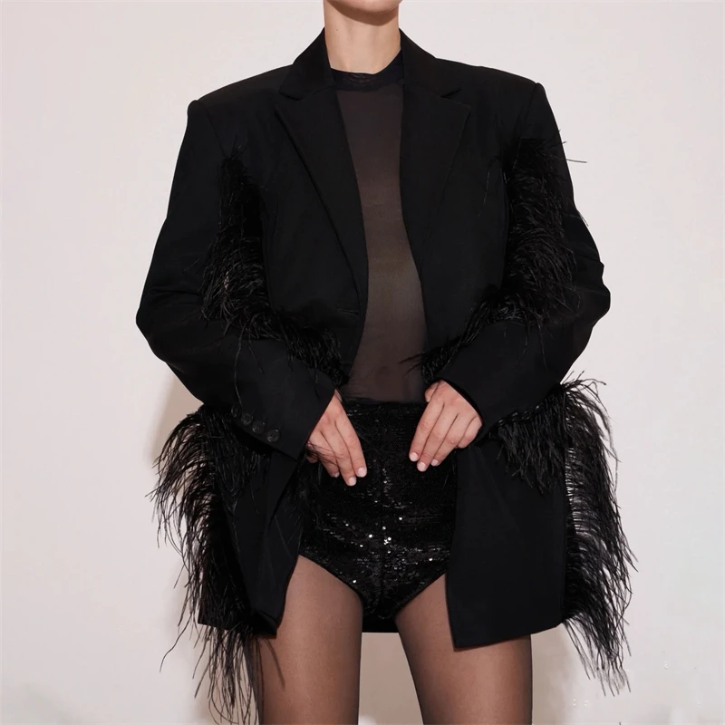 Fall 2026 Women's Collared Ostrich Feather Trim Long Sleeve Suit Jacket Y2K High Quality Fashion Casual Tassel Loose Coat Top