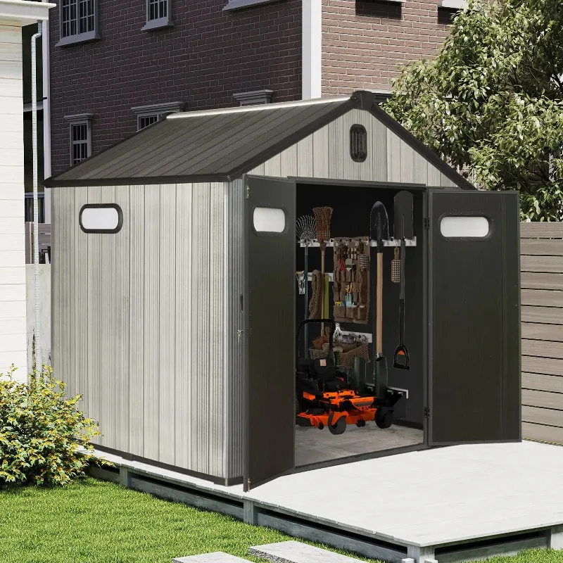 244X183cm Resin Outdoor Storage Shed Heavy Duty Plastic Tools Storage Lockable Door Waterproof Shed Furniture Windows Vents