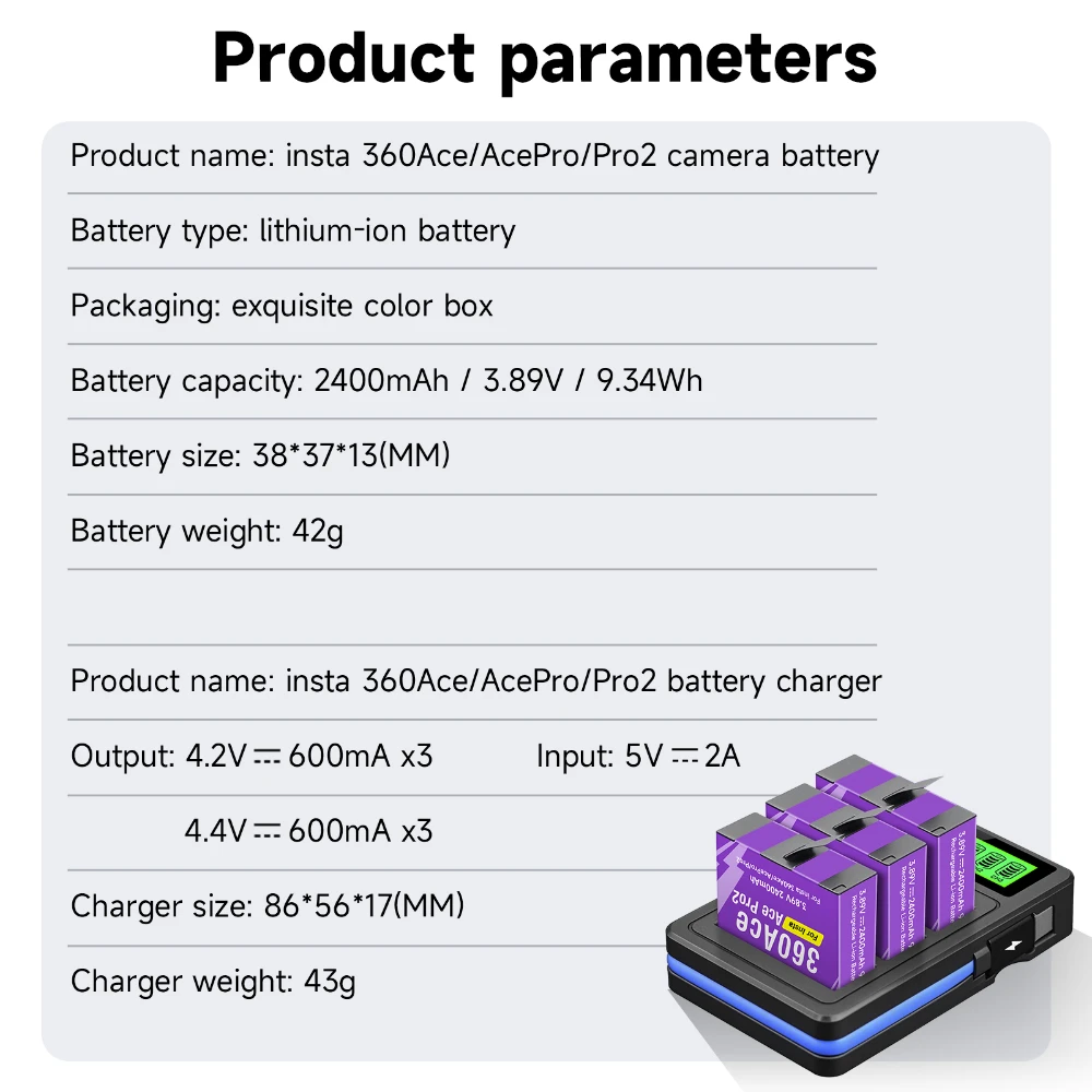 Bateria CITYORK 2400mAh do Insta360 Ace, Insta360 Ace Pro, Insta360 Pro 2 z 3-gniazdową ładowarką LCD — zdjęcie produktu 6