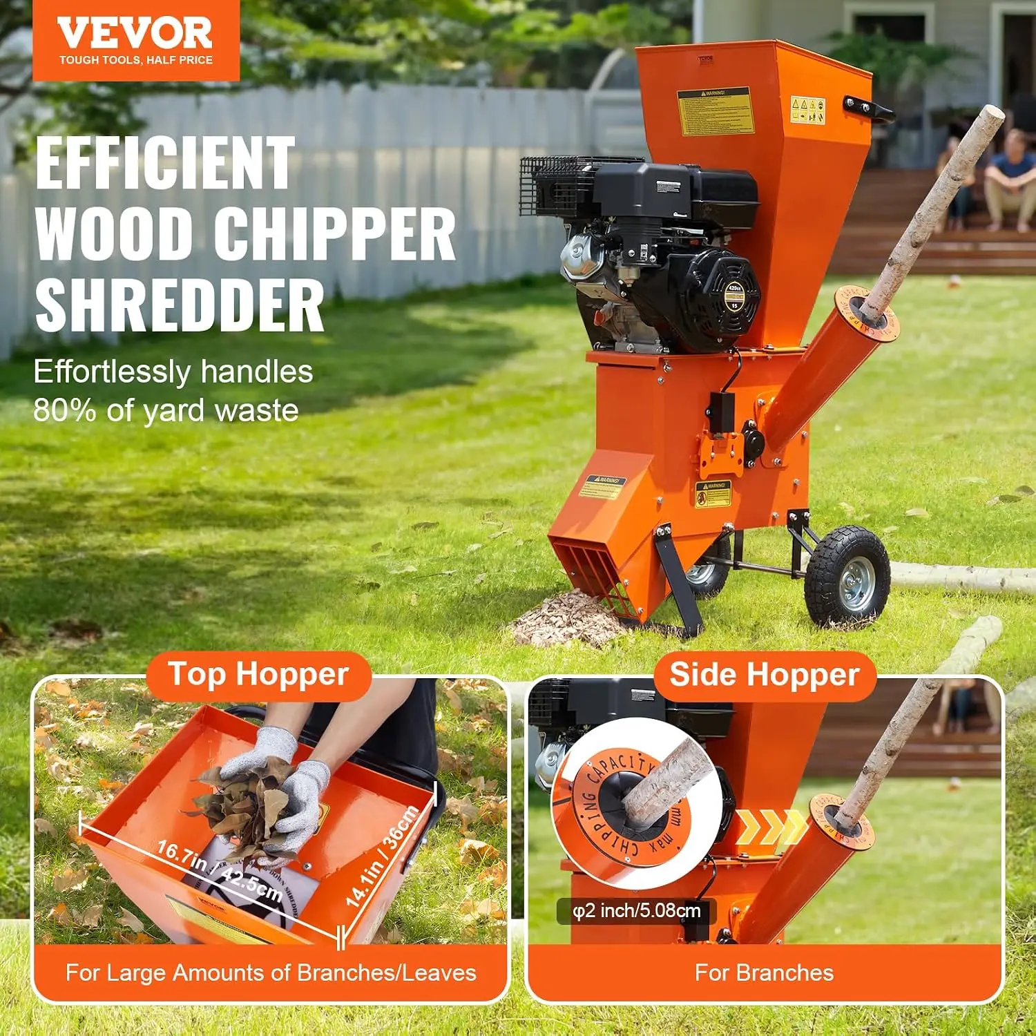 Wood Chipper Shredder Mulcher, 12 HP Heavy Duty Gas Powered, 2” Max Diameter 420cc 8.6 kW Engine Woodchipper, Fast Wood Chipping