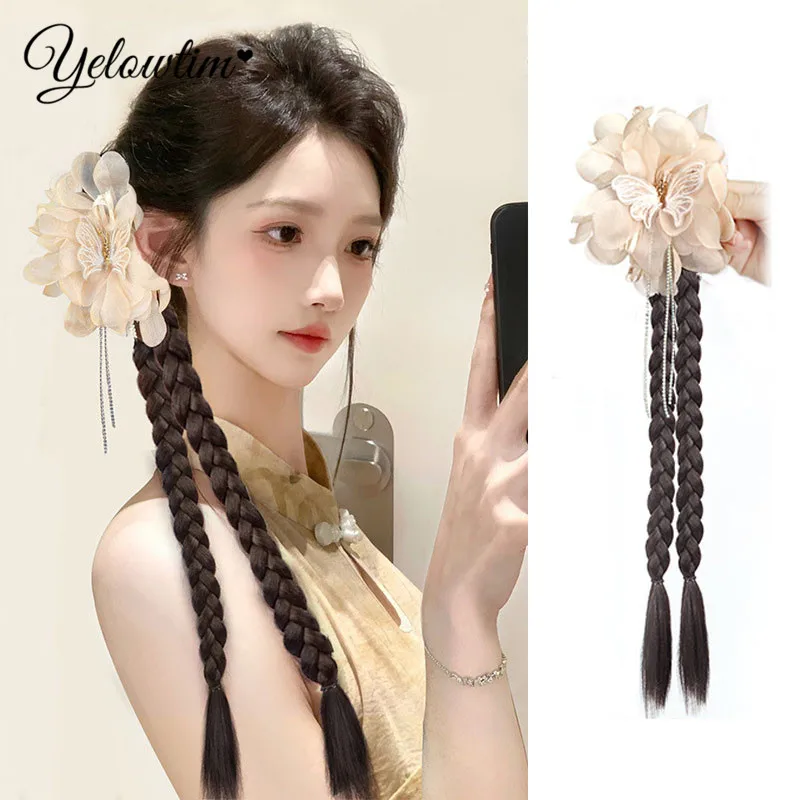 YELOWTIM Synthetic Long Twist Braid Ponytail Extensions With Claw Clip Boxing Braided Hair Extensions For Women Daily Party