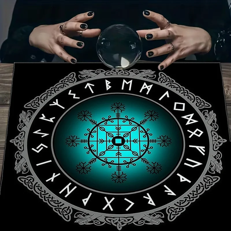 2D Printed Nordic Viking Compass Tablecloth, Mystical Design Table Cover for Table Decor, Game Mat, Furniture Protection, Café