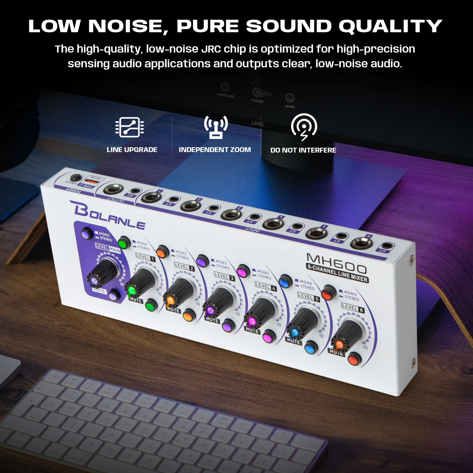Bolanle MH600 Ultra Low-Noise 6-Channel Line Mixer Equipped with stereo mono switching and mute function RGB lighting effect - Image 5