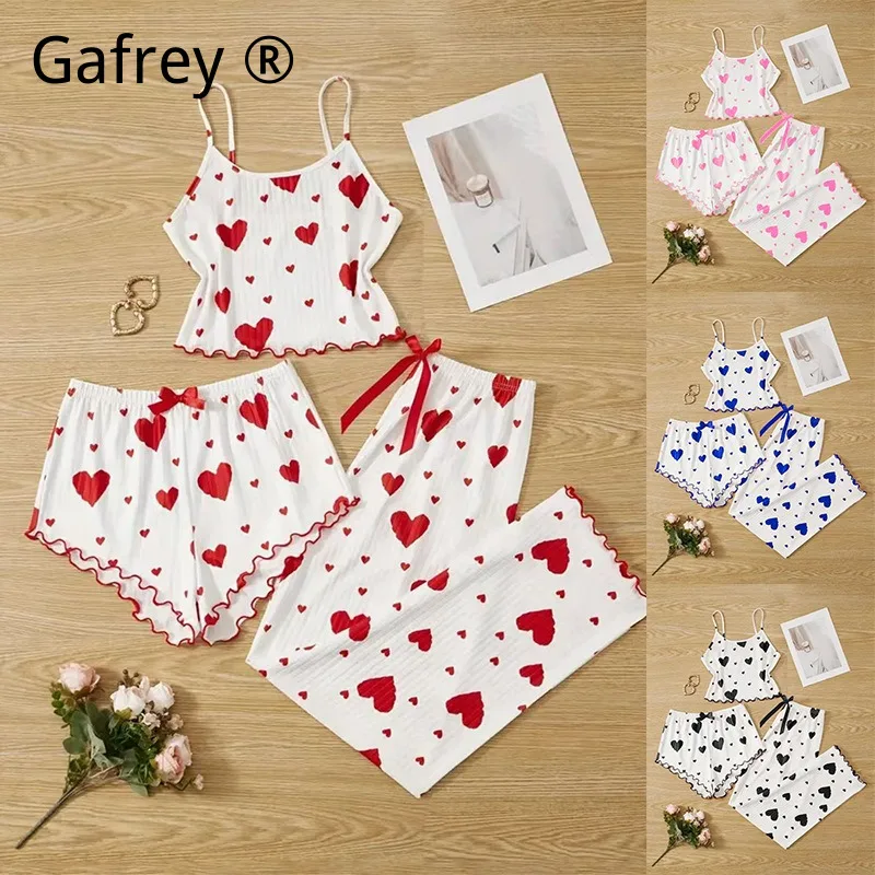 Women 3 Piece Ribbed Pajama Set Sweet Heart Print Camisole Shorts Long Pants Summer Lounge Wear Cute Sleep Suit AC Room New