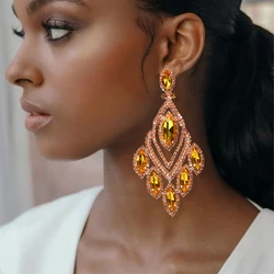 Exotic Orange Large Dangle Earrings Luxury for Women Pendant Exaggerated Rhinestone Earrings Crystal Drop Statement Accessories