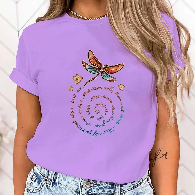 PremiumT-shirt Cute Dragonfly Print T-Shirts For Women Summer Lovely Short Sleeve Casual T-Shirts Funny Ladies Round Neck Tops