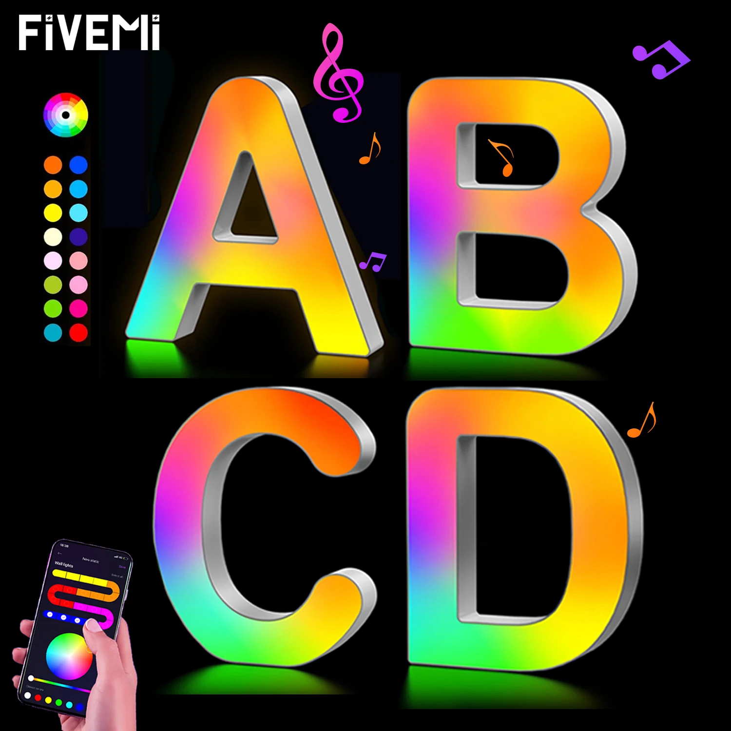 Fivemi 26 Alphabet Led Night Lights Letters Colorful Smart APP DIY Music Sync Letter Sign Light Game Room Bedroom Bar Decor Gift