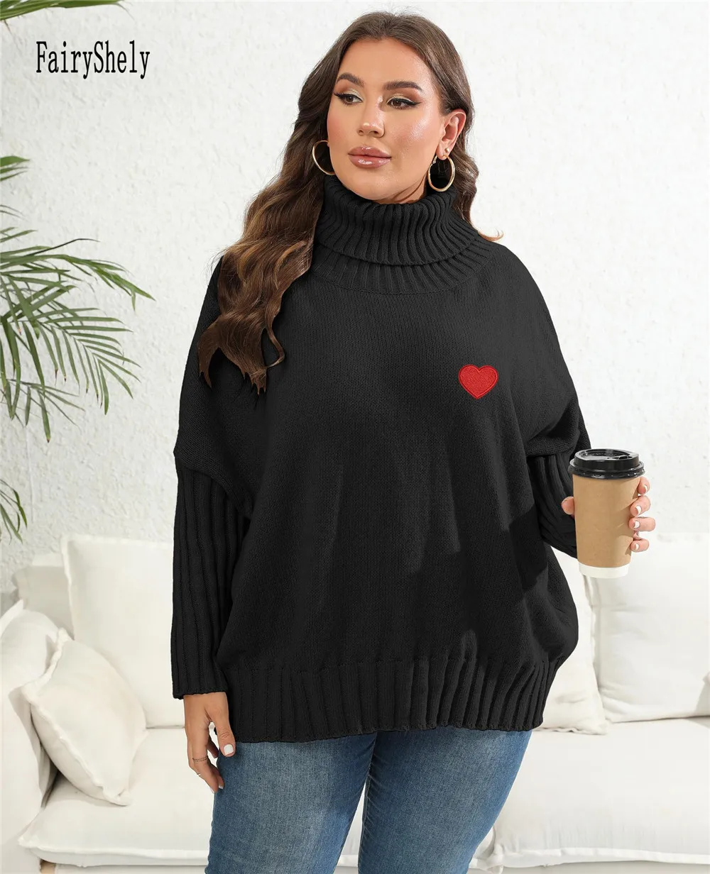 2025 zimowy sweter z golfem Plus Size damski serce duży sweter Lady Casual luźny sweter Oversize duże koszulki krągła dzianina