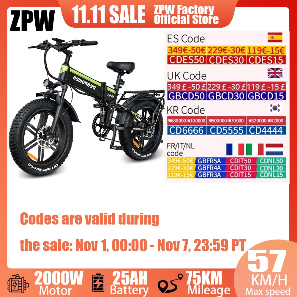 

ZPW H20Pro EBike Adults Electric Bicycle 48V 25AH 2000W 20 inch Brushless Motor Fat Folding Mountain Snow Motorcycles