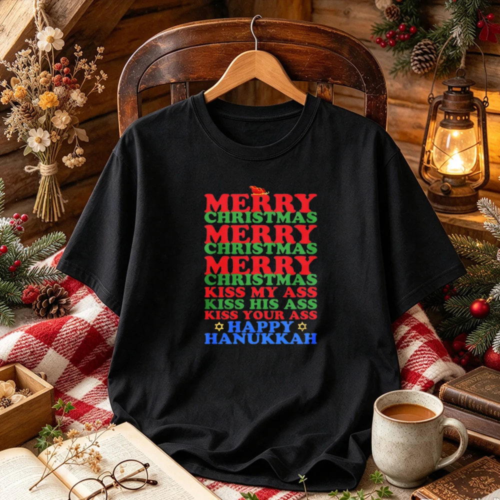 Merry Christmas Kiss My Ass Happy Hanukkah Christmas T-Shirt  Ugly Funny Mens Lad Women Clothes Y2k Top Vintage Harajuku T Shirt