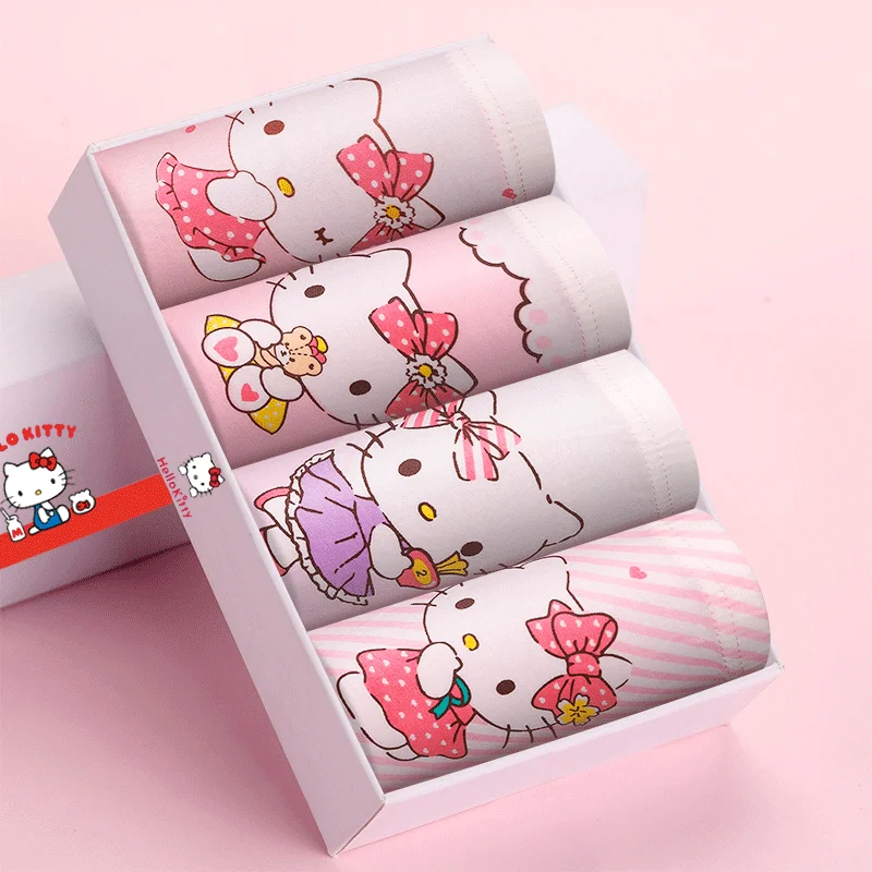 Kawaii Hello Kitty Cotton Boxer para Meninas, Roupa Interior Infantil, Cuecas Respiráveis, Shorts Antibacterianos dos Desenhos Animados, Presente Infantil, 4Pcs