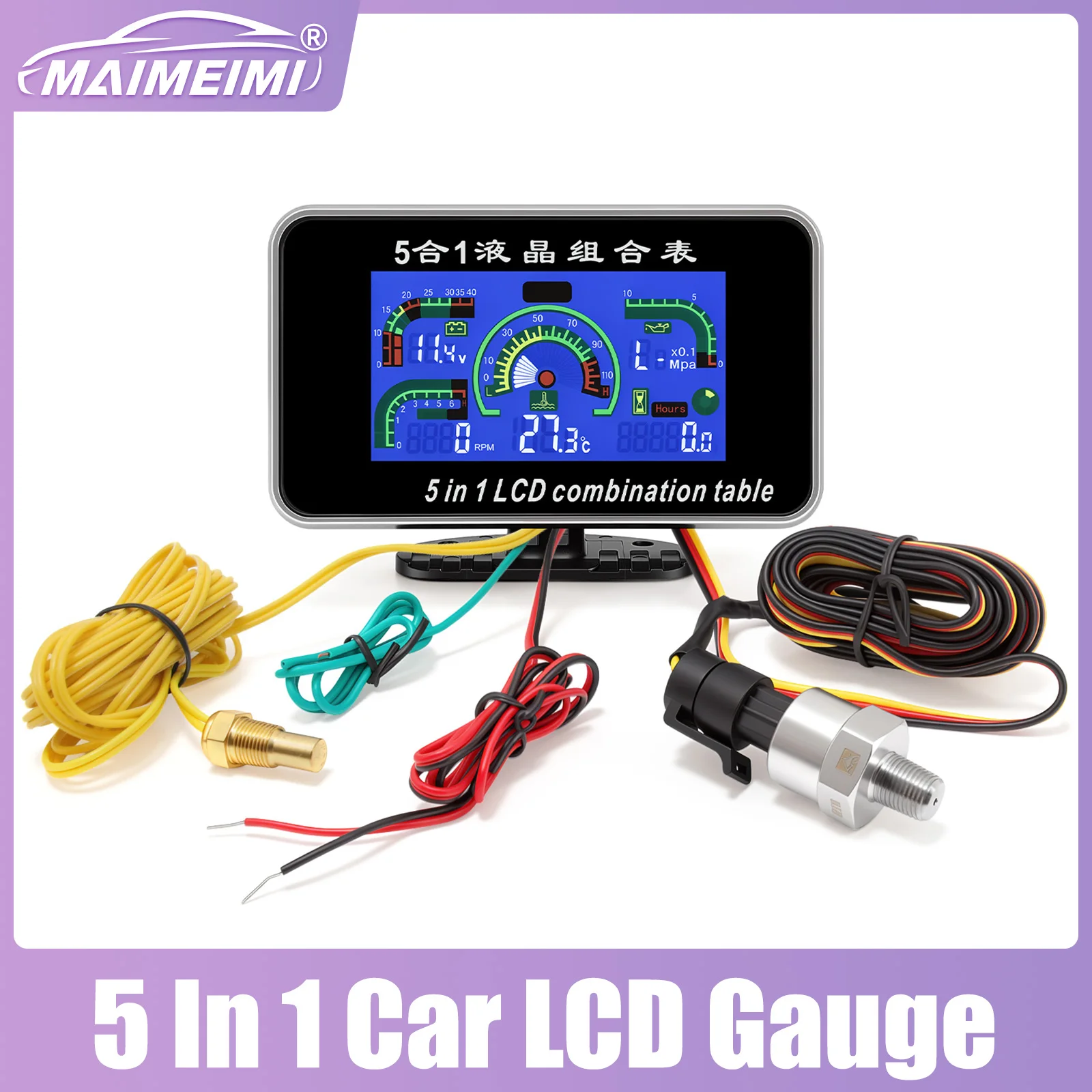 5 In 1 Car Gauge Voltage + Water Temp + Oil Pressure RPM Tachometer Huor Display Meter LCD Combination Table With 1/8 NPT Sensor