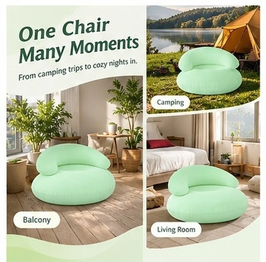 Foldable Inflatable Sofa Chair for Adults - Portable Quick-Inflate Recliner with Flocked Surface Indoor Outdoor Camping Patio