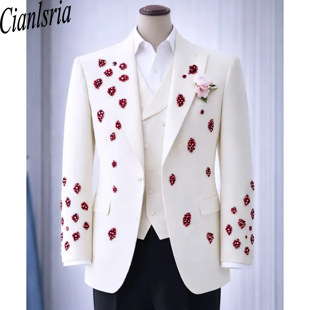 Latest Coat Pants Design White Paisley Beaded Lapel Men's Suit Wedding Tuxedo Groom Business Party Dance Best Man Suit Clothing