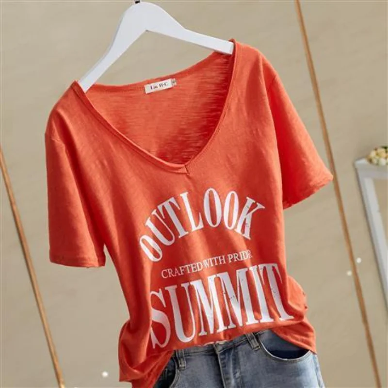 Casual V Neck Printing Letter T Shirts Summer New Short Sleeve Solid Loose Plus Size Vintage Tops Fashion Trend Women Clothing