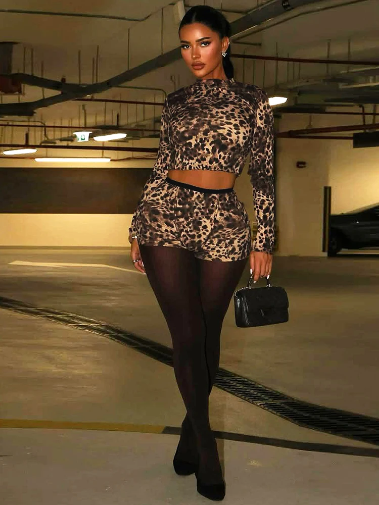 

Sisterlind Leopard Print Slim Waist Exposure Short Suit Women Popular Body-shaping Vestidos Girl Leisure Long Sleeve Short Suit