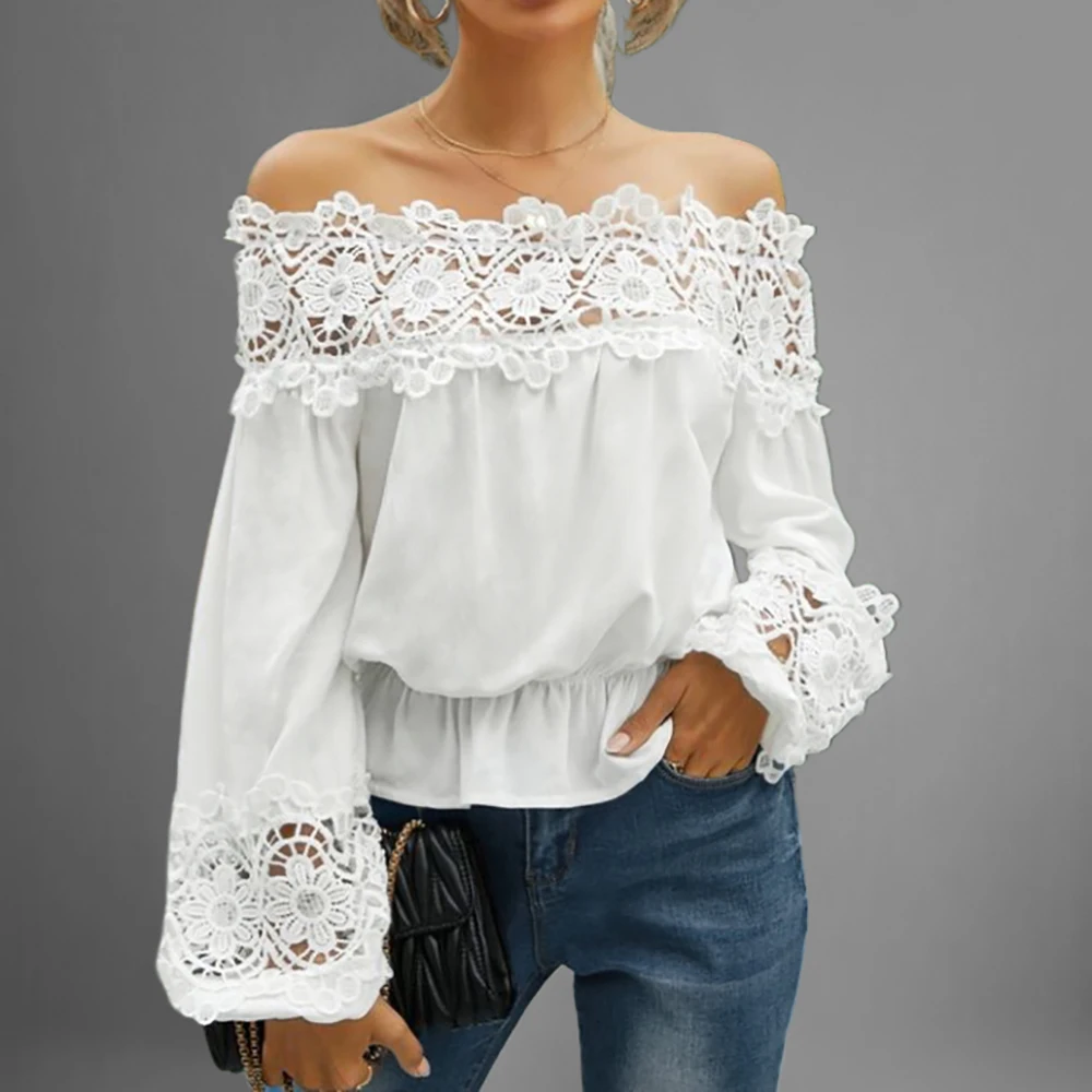 Elegant Lace Patchwork Off Shoulder Women Blouse Hollow Out Lantern Sleeve Blouse Loose White Pullover Fashion Streetwear Blouse