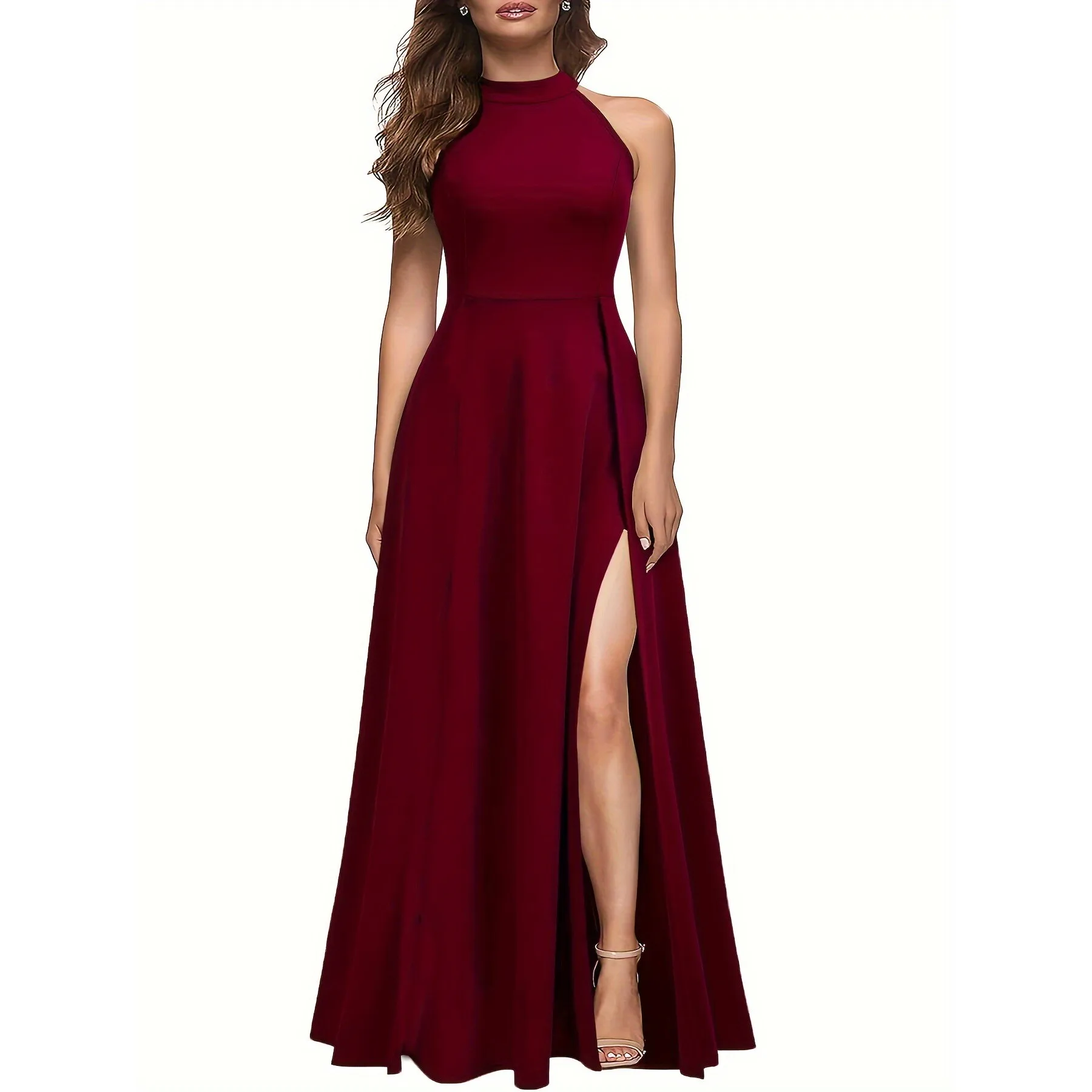 

E 10301 Backs Halter Evening Gown Women's Evening Dress Elegant Citywalk Style Asymmetrical Hemline Sleeveless Fashionable