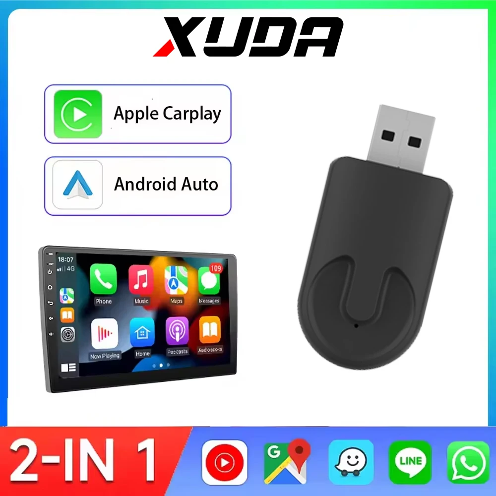 

Адаптер XUDA 2-в-1 для CarPlay и Android Auto (проводной в беспроводной) для штатных автомобильных мультимедийных систем с USB, Plug and Play