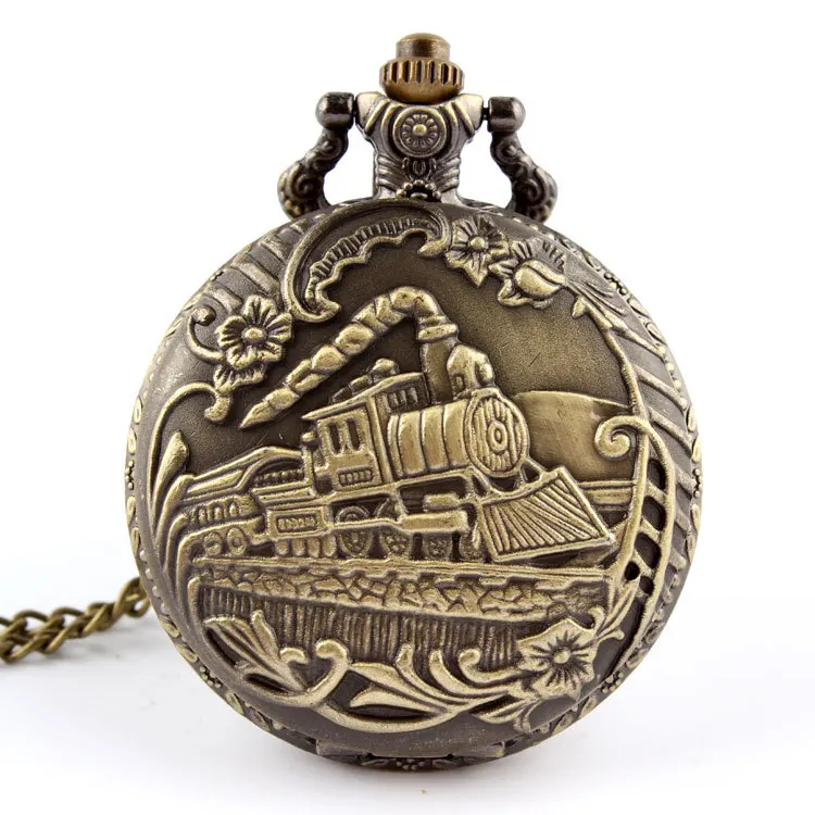 Vintage Hollow Train Pattern Silver Design Pocket Watch Necklace Pendant Chain Clock Gift For Men Women Gift For Men Women