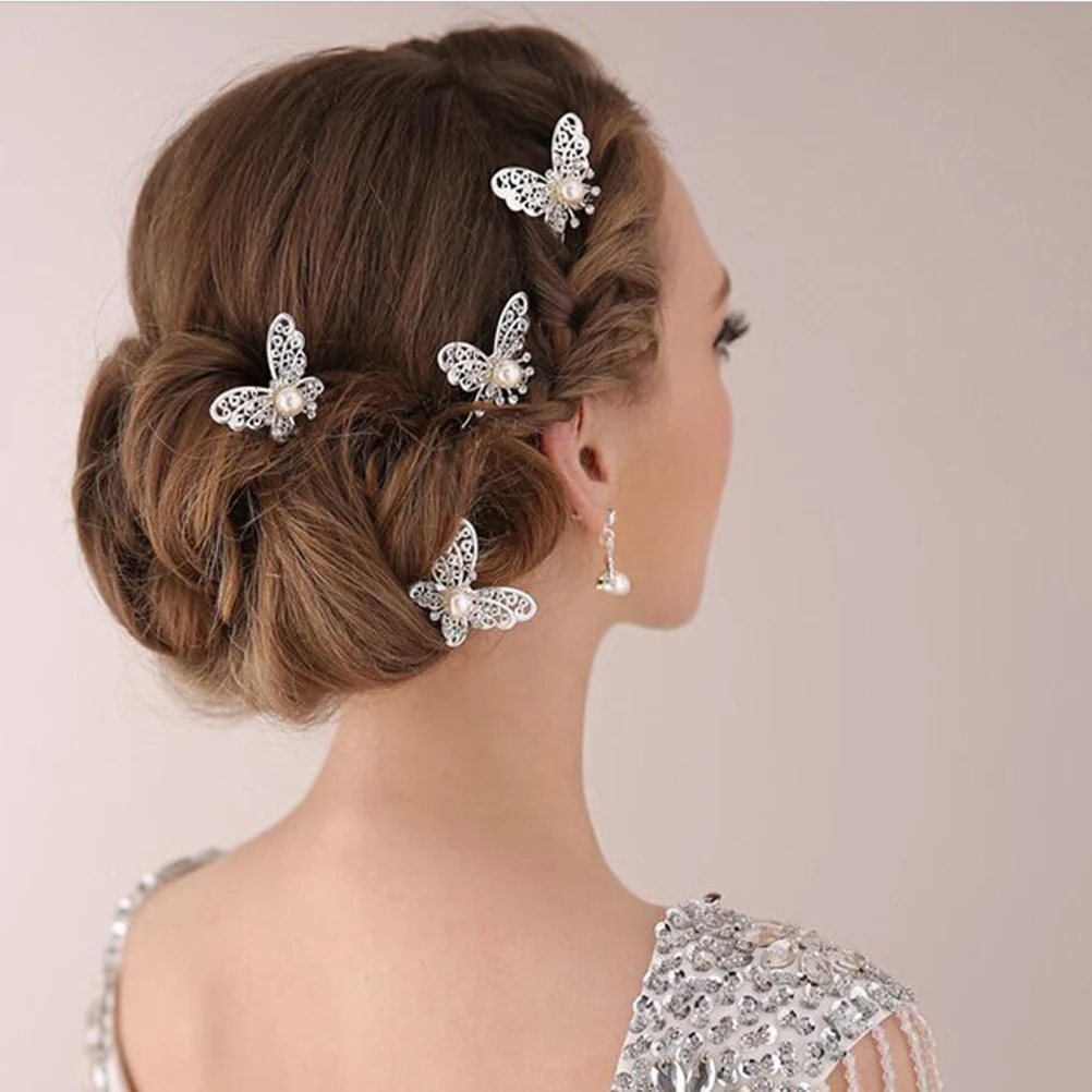 

6pcs U Shaped Hairpins Alloy Vintage Rhinestone Pearl Butterfly Bridal Hair Sticks For Women Wedding Party Updo Styling Hair