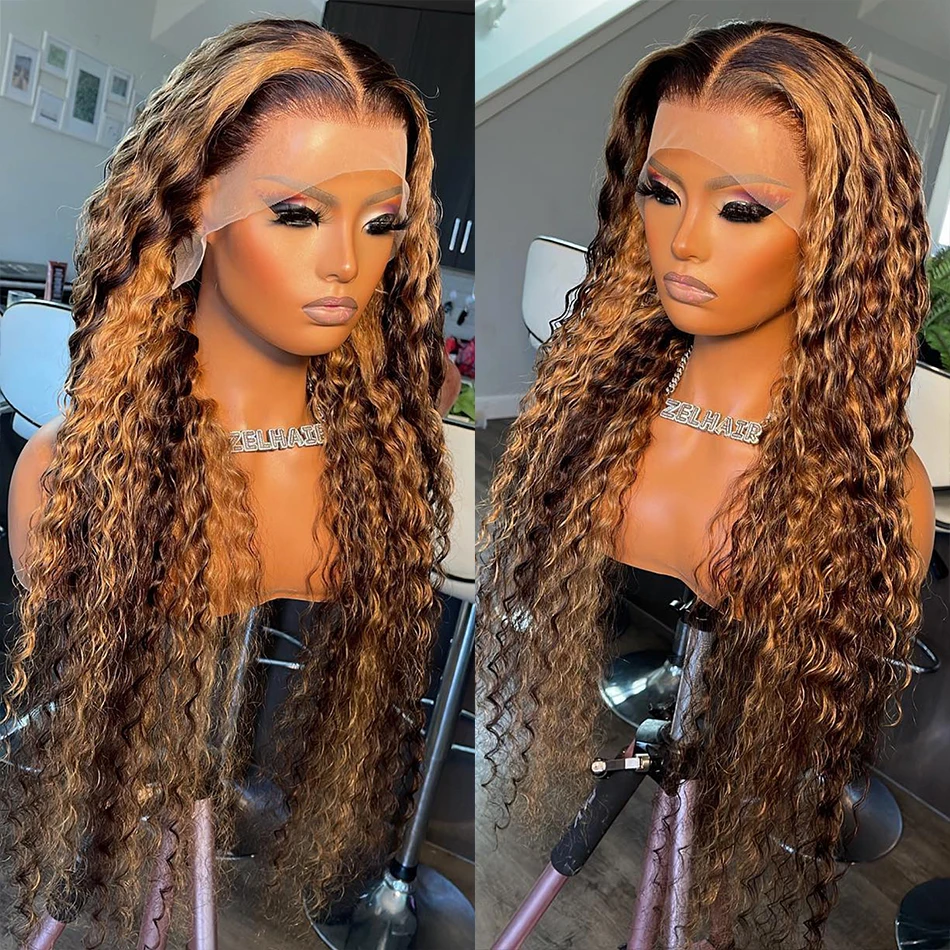 30-calowe peruki z ludzkich włosów 13x6 13x4 Ombre Colored Deep Wave Honey Brown Curly Lace Frontal Wig