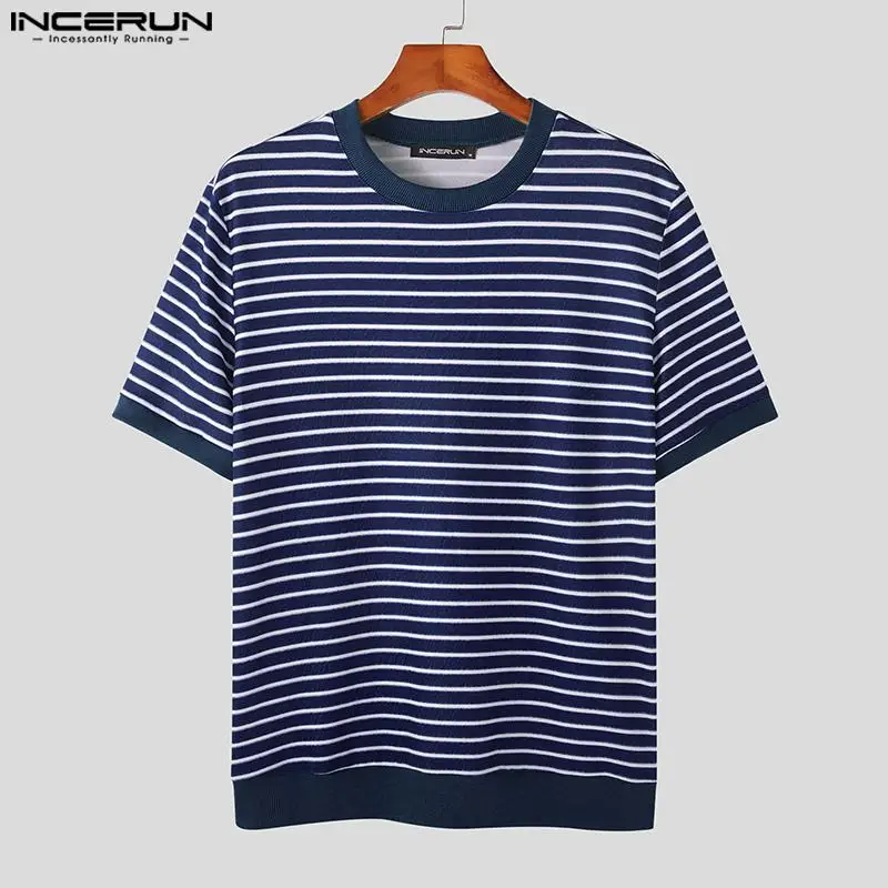 INCERUN Tops 2024 Korean Style Fashion Men Contrast Striped Design T-shirts Casual Simple All-match Short Sleeved Camiseta S-5XL