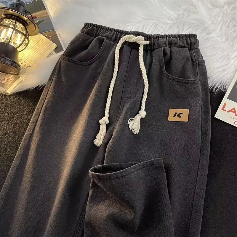 

Джинсы High Street, мужские и женские модные брендовые прямые широкие брюки с эластичной резинкой на талии, свободные износостойкие повседневные брюки