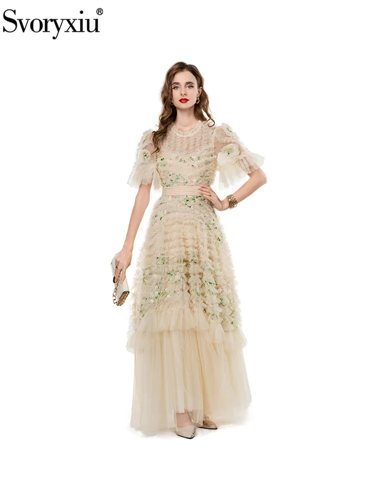

Svoryxiu Summer Fashion Party Beige Elegant Floor-Length Dress Women's Flounces Collar Embroidery High Waist Net Yarn Dress