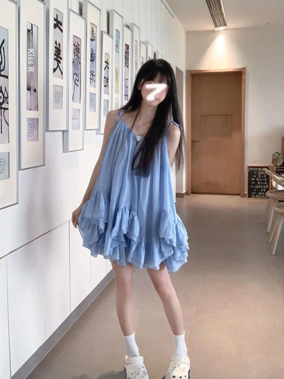 

Summer Vacation Blue Strap Top Skirt Set Women's Irregular Hemline Half Skirt Two-Piece Suit Casual Fashion College Style