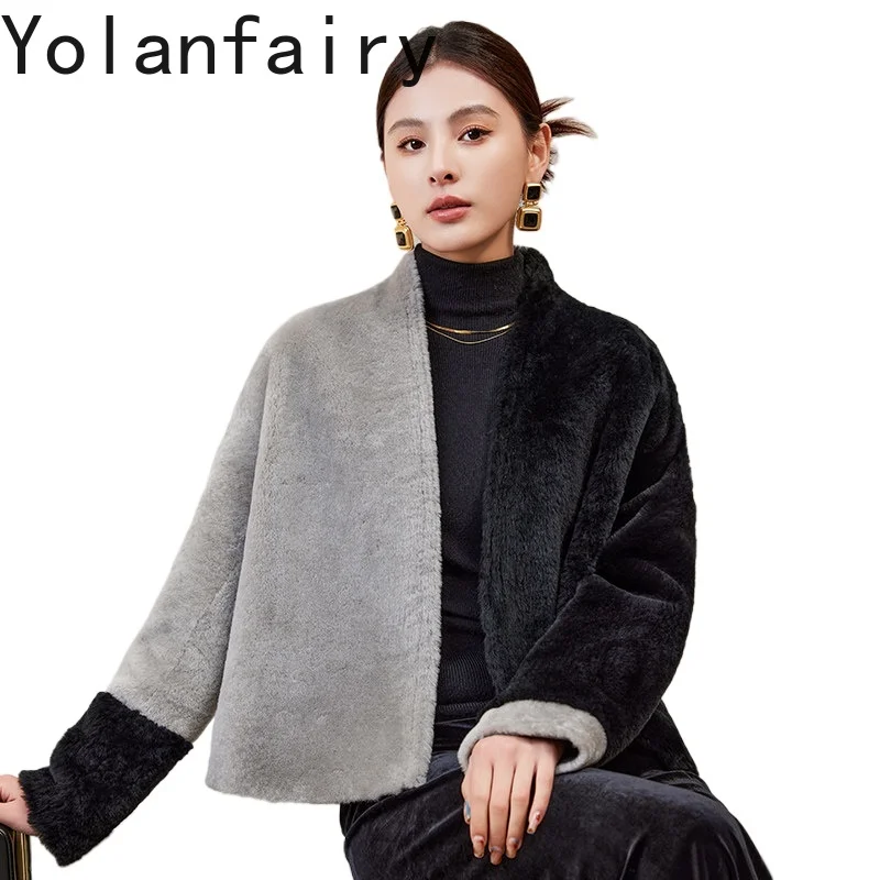 

YOLANFAIRY New Fashion Natural Fur Coat Women Winter Elegant V-neck Short Genuine Leather Fur Jacket Real Wool Fur Coats Elegant