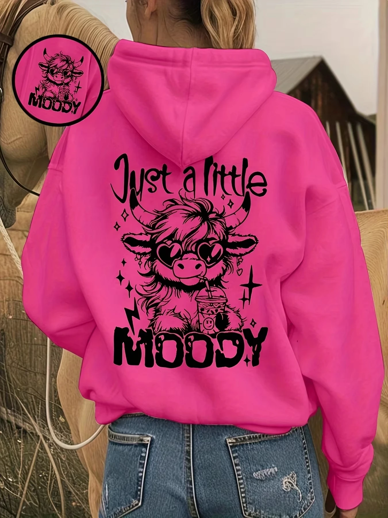 Moody Highland Cow Cartoon Graphic Hoodie Unisex Y2K Süßer Streetwear Lockerer Pullover Kapuzenpullover Hoodies Damen – Detail 14