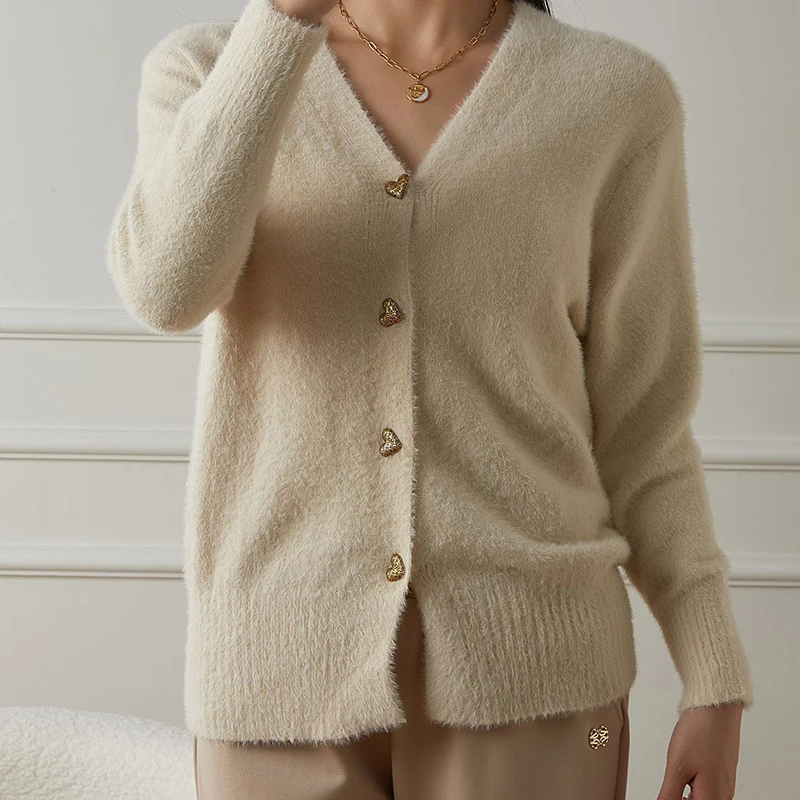 Elegante Mode Faux Nerz Pelz Strickjacken für Frau Y2K Französisch Herz Taste Pullover Oberbekleidung Frauen Herbst Neue V-ausschnitt Strickwaren