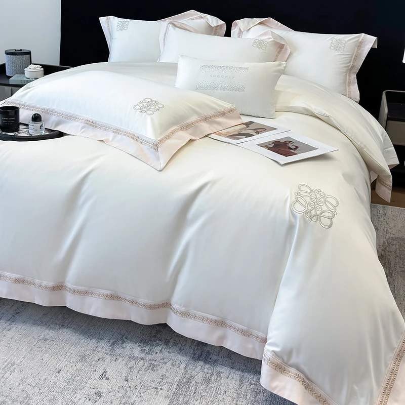 

White Egyptian Cotton Bedding Sets Luxury Stripe Embroidery Duvet Cover Set Bed Sheet Pillowcases Solid Color Home Textile