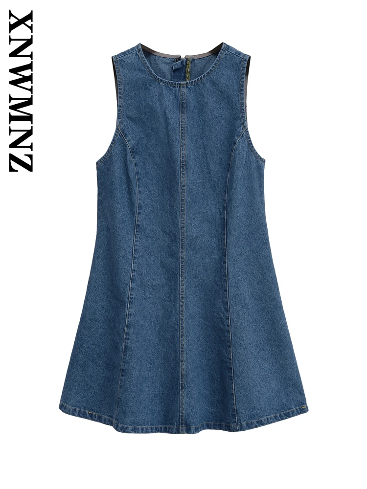 

XNWMNZ 2025 Summer Female Fashion Elegant O-Collar Sleeveless Splicing Denim mini Dress Casual Vintage Woman Blue zipper Dresses