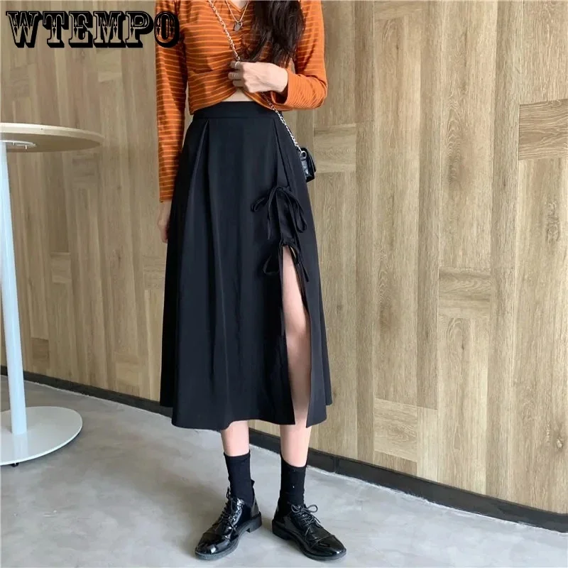 WTEMPO New Women Fashion Black Side Split Skirts Girls Summer Streetwear High Waist Mid-Calf Preppy Style Lace-up Pleated Skirts