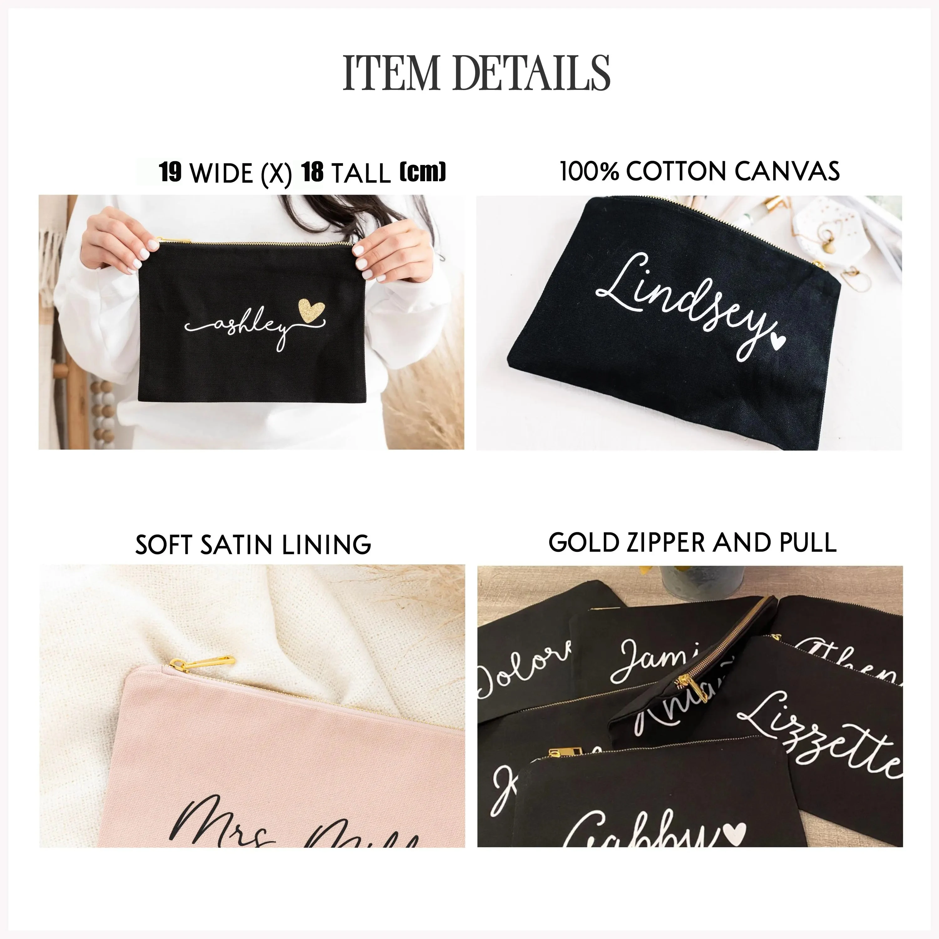 Trousse de maquillage personnalisée avec texte de couleur personnalisé, sac à cosmétiques minimaliste de couleur unie, cadeau pour adolescentes, femme, petite amie, demoiselle d'honneur