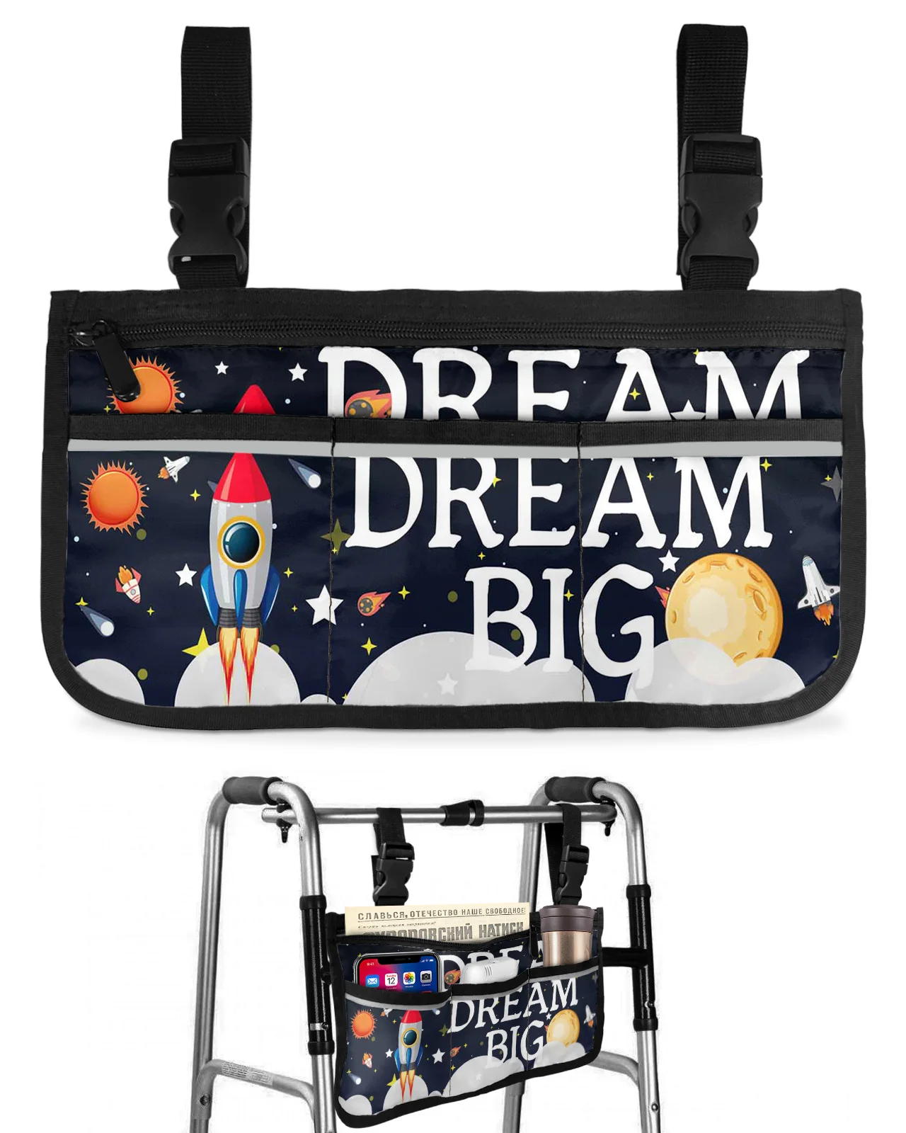 Space Universe Rocket Dream Big Wheelchair Bag With Pockets Armrest Side Bags Electric Scooter Walking Frame Storage Pouch