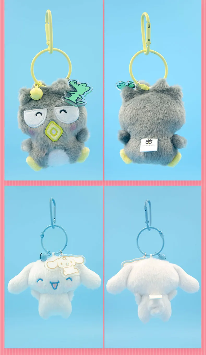 Original Sanrio lizenzierter Plüsch-Schlüsselanhänger aus der Bell-Serie, niedlicher Cartoon-Charakter-Anhänger mit Acryl-Tag, weicher, flauschiger Rucksack-Charm. – Detail 8