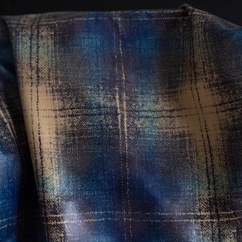 Tela recubierta de tinte borroso a cuadros estilo americano Vintage azul marino para chaquetas de traje textil de diseñador Material de sastrería Otoño Invierno