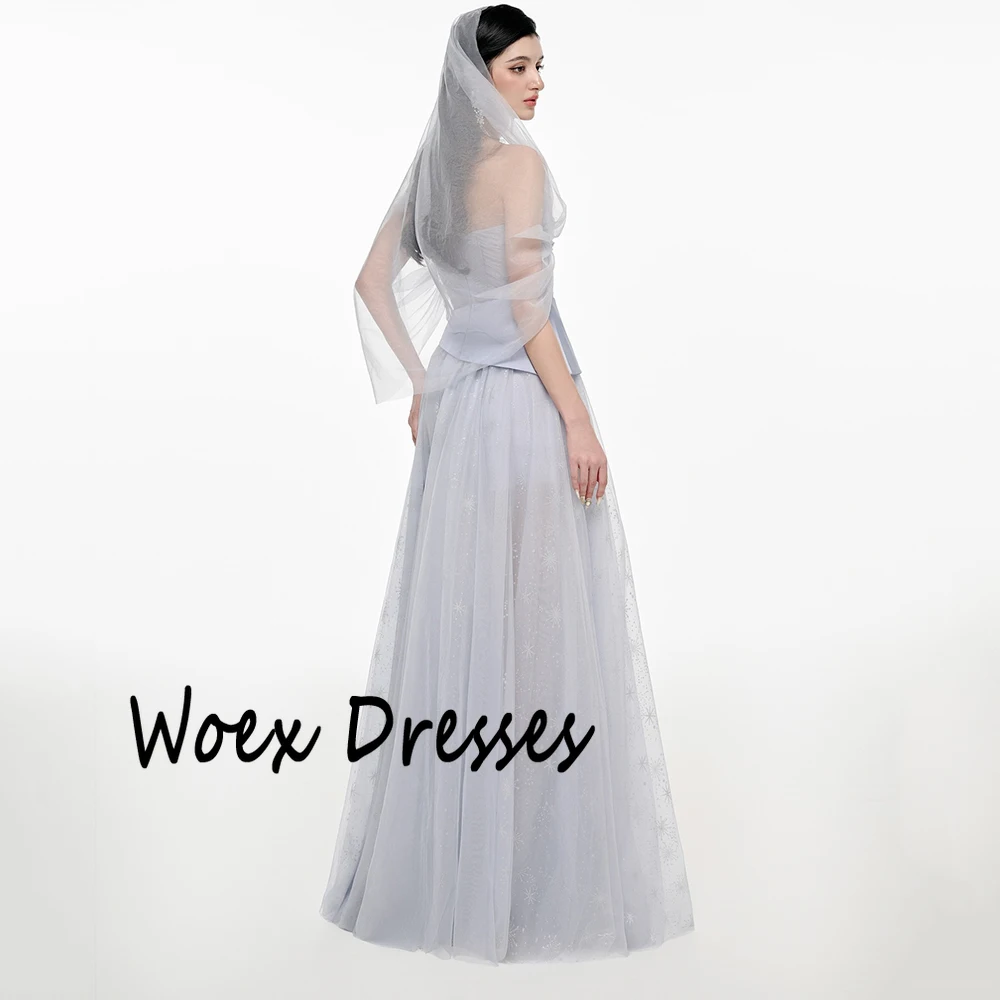 Personalizado fora do ombro tule cinza chão vestido de noite sem mangas flor apliques vestido de festa a linha até o chão vestido de baile